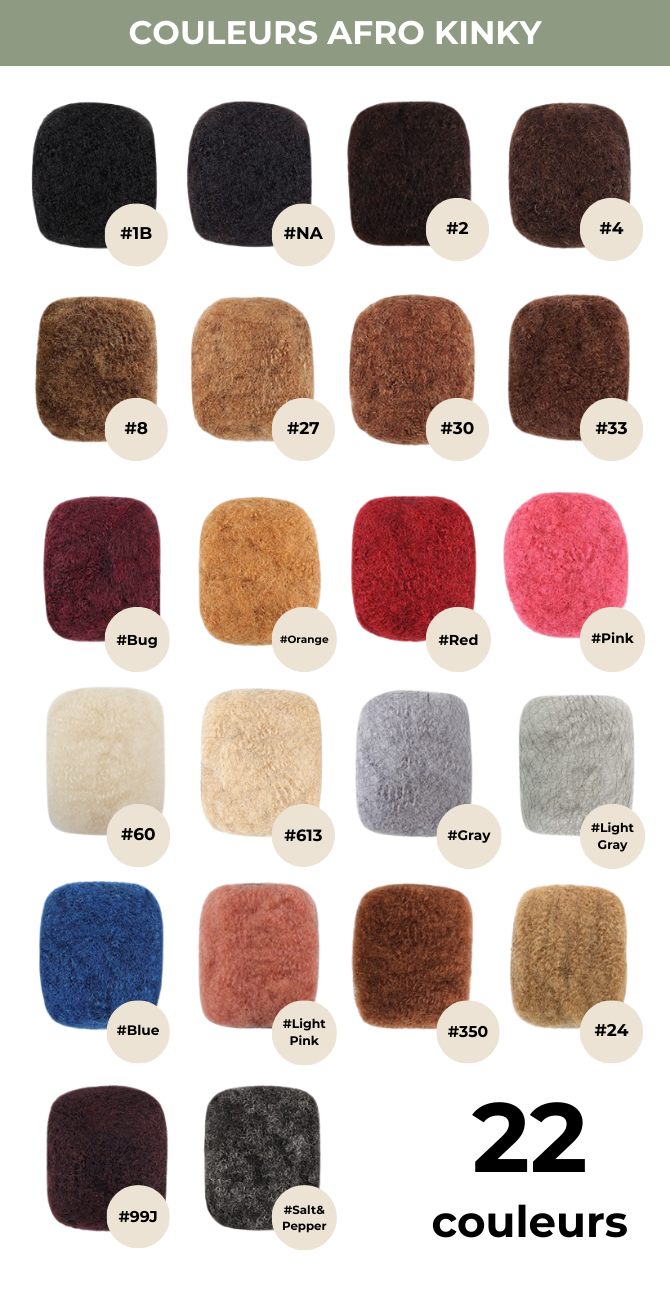 Nuancier Afro Kinky – 22 couleurs d’extensions cheveux naturels Conaturel