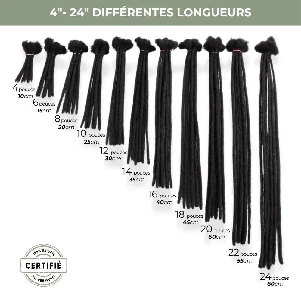 Extensions locks naturelles disponibles en différentes longueurs de 4 à 24 pouces (10 cm à 60 cm)