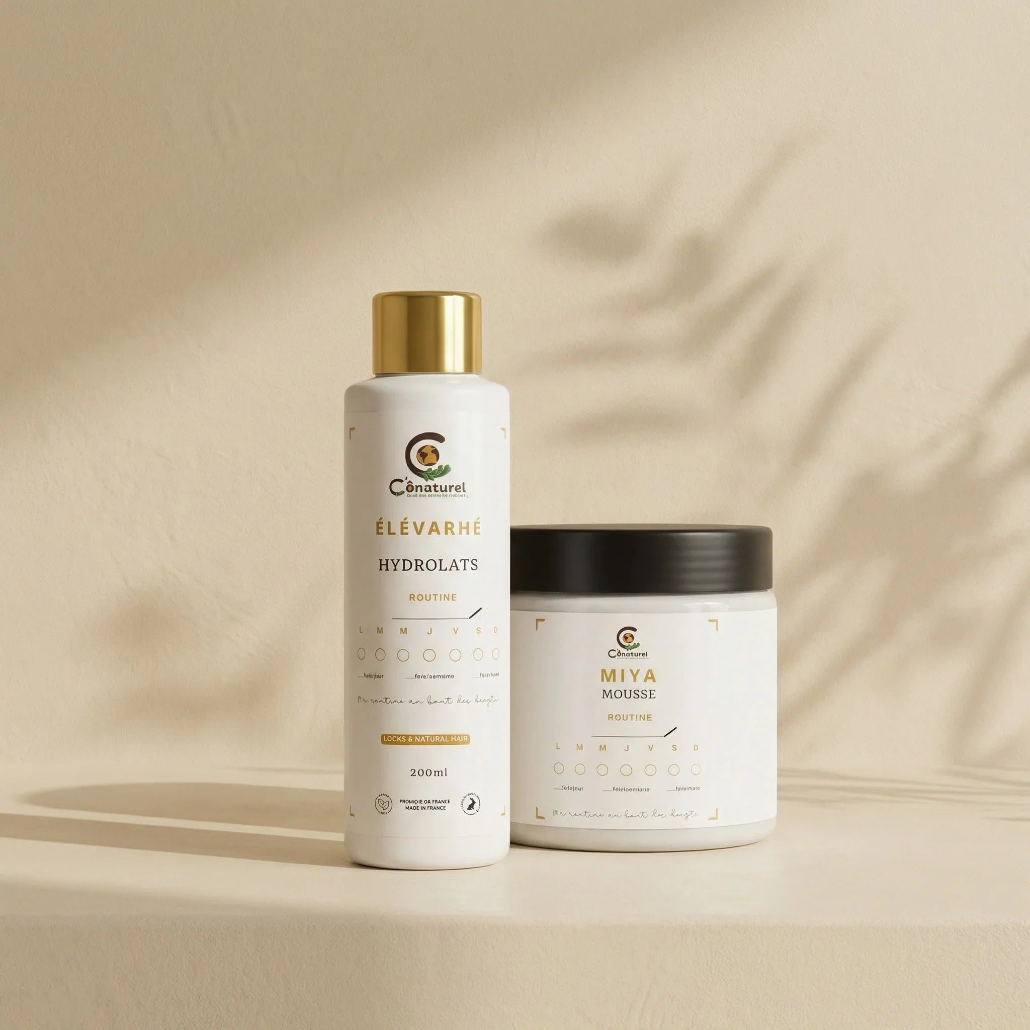 Routine locks naturelles Conaturel – hydrolat Élévarhé et mousse Miya pour hydrater et fixer les cheveux afro et bouclés
