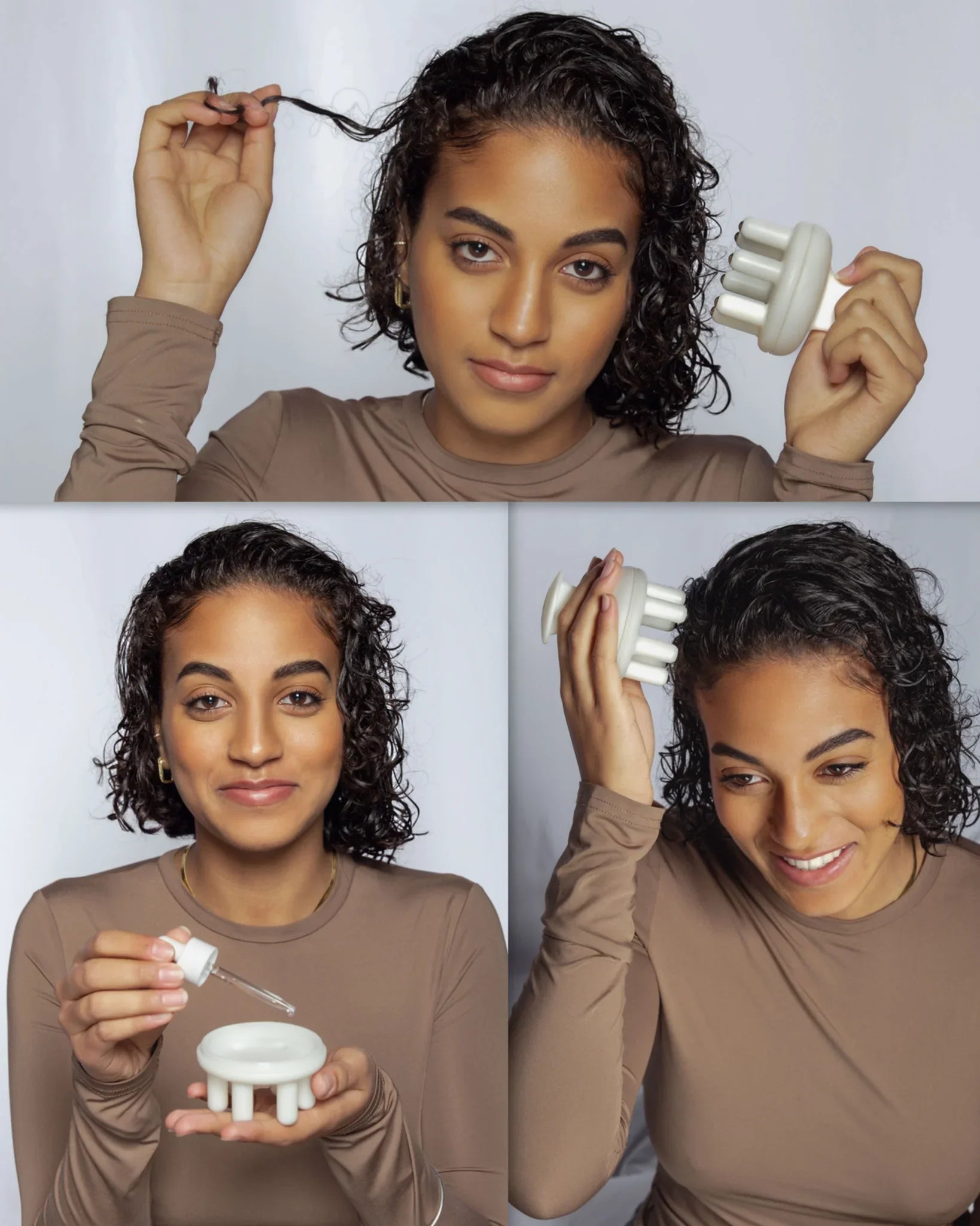 Application d’un sérum et massage du cuir chevelu sur cheveux bouclés naturels