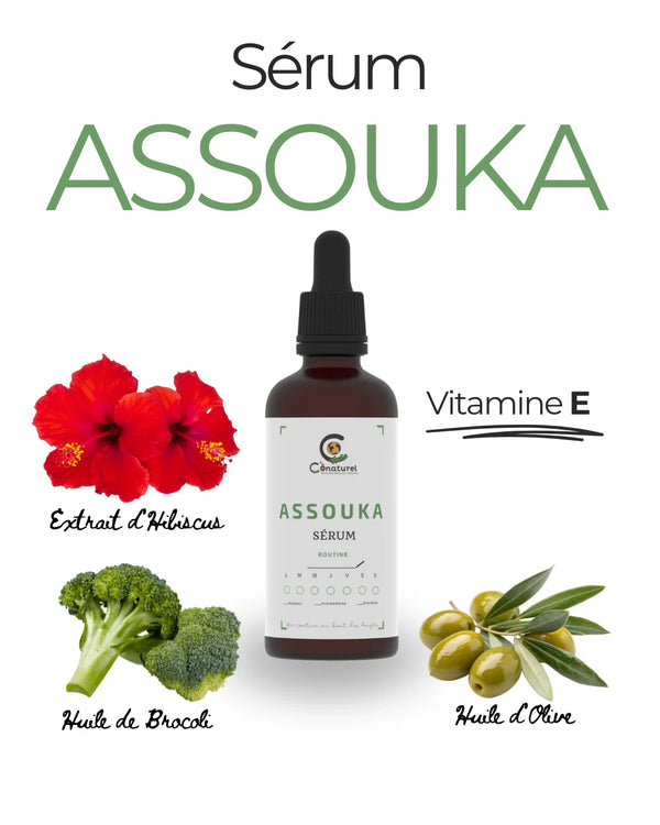 Sérum ASSOUKA Conaturel nourrissant à l’hibiscus, huile de brocoli et vitamine E pour cheveux naturels