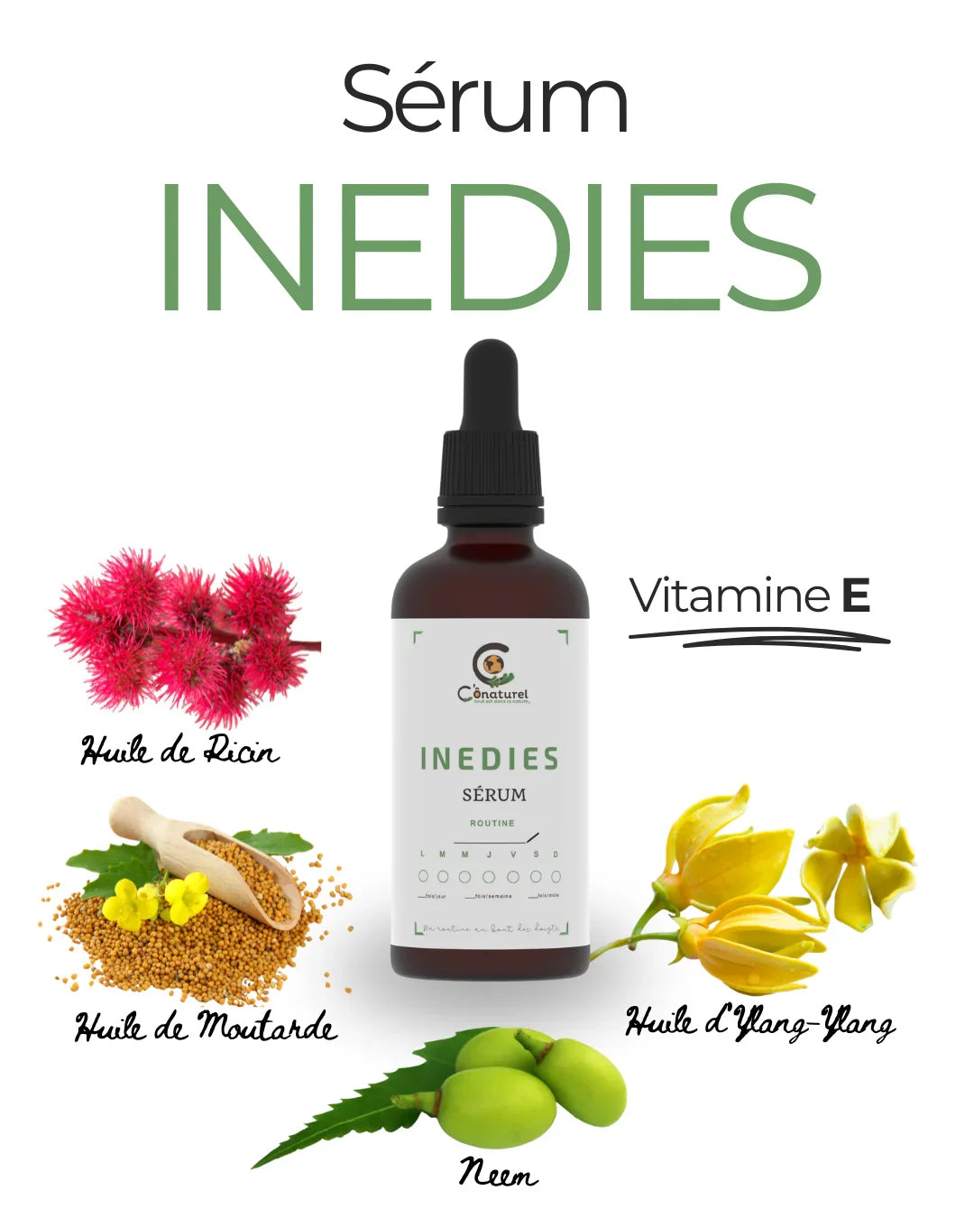 Sérum INEDIES Conaturel pour stimuler la pousse des cheveux enrichi en huile de ricin, moutarde, neem et vitamine E