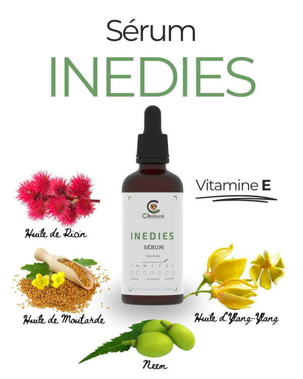 Sérum INEDIES Conaturel pour stimuler la pousse des cheveux enrichi en huile de ricin, moutarde, neem et vitamine E